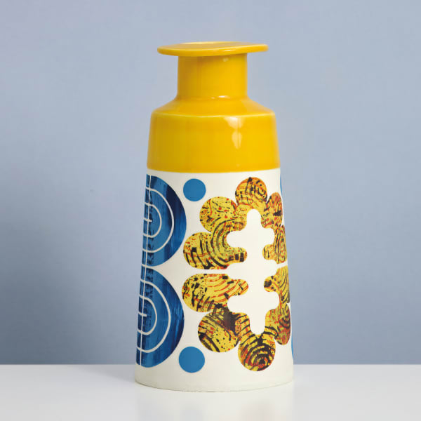 MapMap ceramic cone vase with midcentury modern inspired stencil designs in orange, blue and black