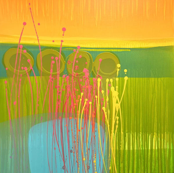 Charlotte Cornish abstracted painting in reds, yellows, blues and greens