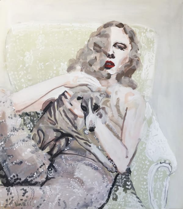 Veronica Wells painting, a woman in embroidered trousers sits in a chair with a greyhound, she has dirty blond hair and wears red lipstick