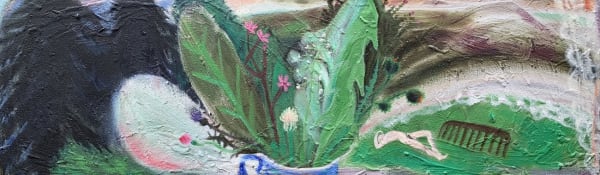 A dream-like landscape with a vase of flowers and dandelion leaves in the centre, a naked man laying down on the grass to the right.