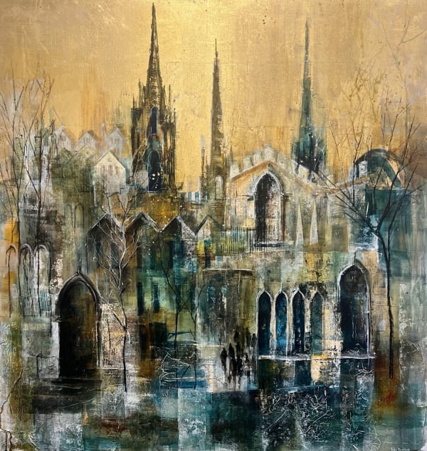Bee Bartlett mixed media semi abstract landscape of an autumnal Skyline in Oxford, using gold leaf as the reflective sky.
