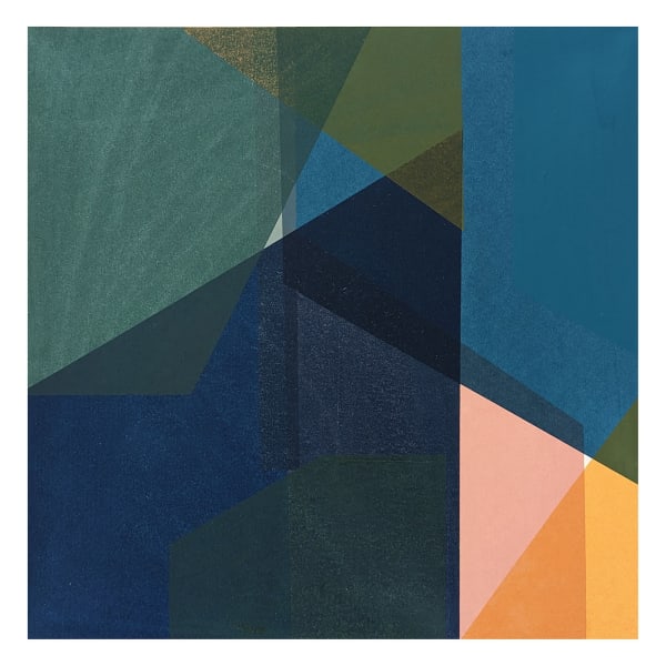 Kate Watkins screenprint of a vast variety of shapes, all overlapping and in translucent colours of deep blues, greens, pinks and oranges. Each overlapped shape forms a new one within them.