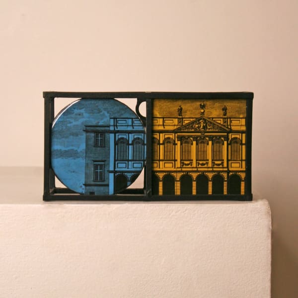 David Rhys Jones vitreous enamel and stainless steel sculpture with etching imagery of Queens College Library