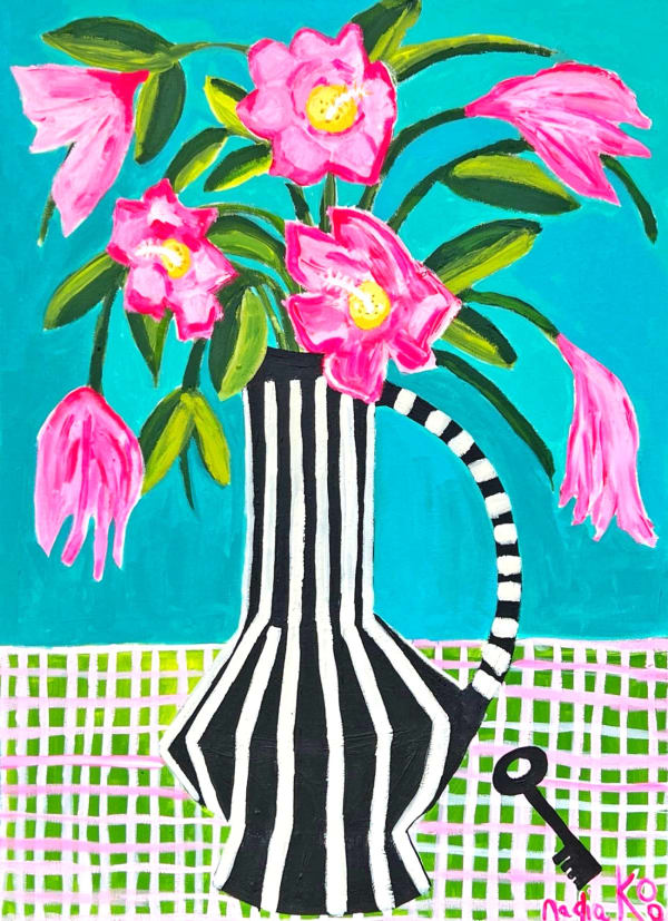 Nadia Koo painting on canvas of a bouquet of pink flowers in a stiped black and white vase, with a key sat besides it. The background is turquoise and the table cloth is green checked.