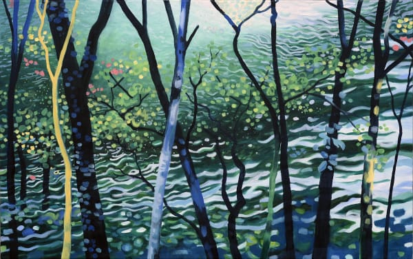 Jim Whitty painting, a stream in a woodland with tree trunks in the foreground and a grassy bank on the shoreline beyond