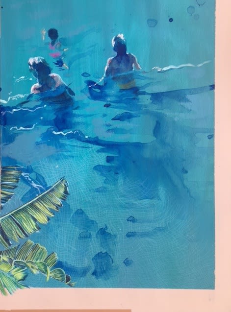 Anna Marrow painting of three swimmers in a swimming pool filled with bright turquoise water