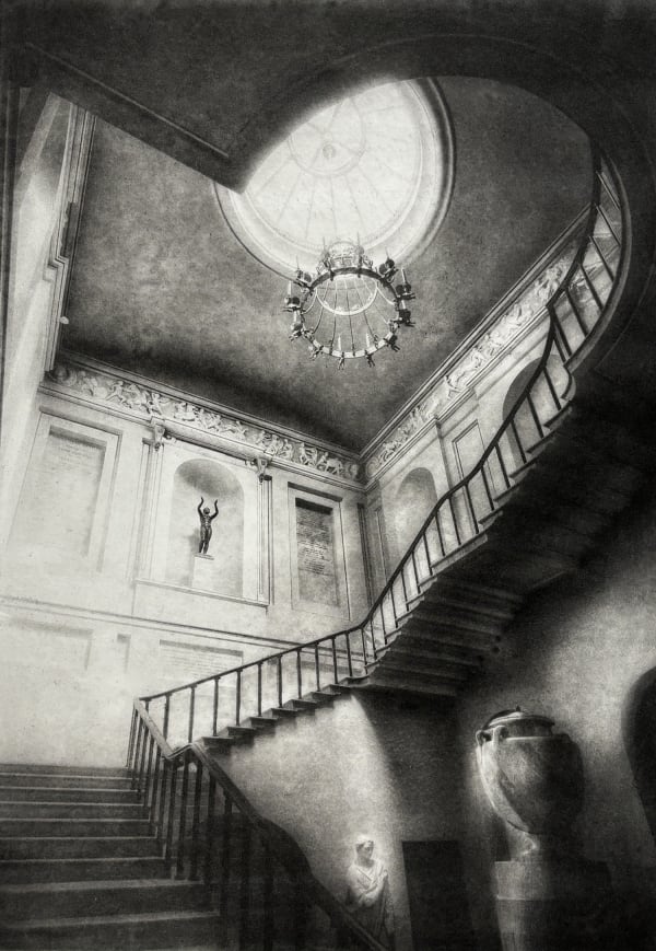Lindsey Moran photogravure print of a curved staircase with various historic artefacts around it