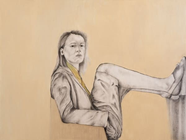 Zelga Simone Miller painting of a seated female figure looking directly at the viewer with her feet pushing against a table with a washed yellow/orange background