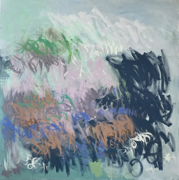 Claire Oxley oil on canvas painting of a variety of summer plants in navy, aqua, brown, green and lilacs being showered in rainfall. Using a rhythmic mark making stroke style, Claire creates a semi abstract picture.