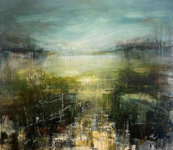 Bee Bartlett mixed media semi abstract landscape of Port Meadow, showing the reflective light of the lake in a bright white surrounded by tones of blue and green.