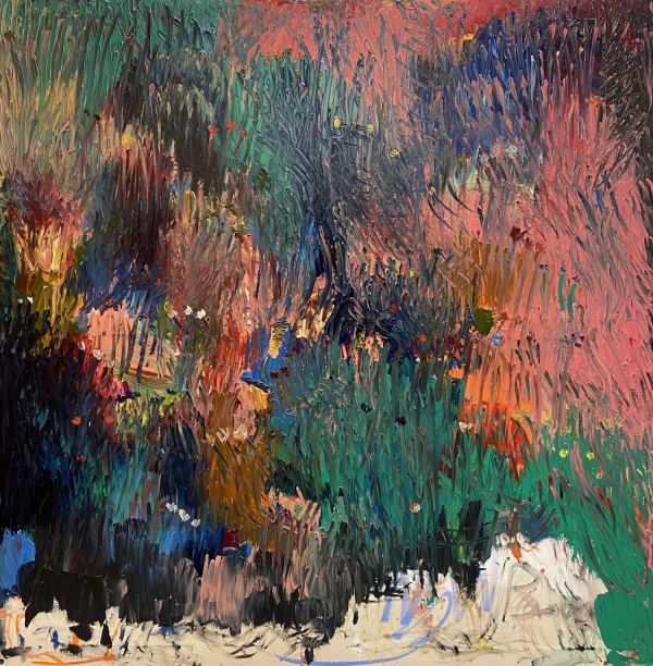 Rebecca Hardaker abstract painting with flora and figures arranged in the compositions, in pink, navy and green