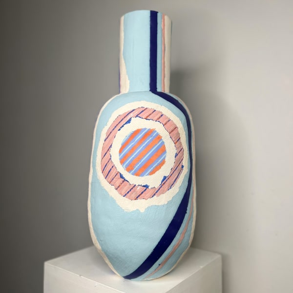 Eddie Knevett ceramic vessel designed with shaped in colours sky blue, pink, navy and orange