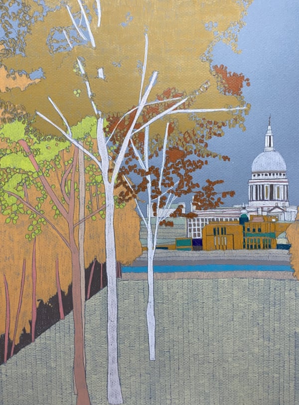 Clare Halifax coloured pencil drawing of St Paul's, in colours orange, green and blue
