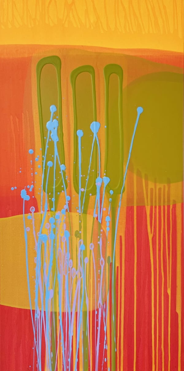 Charlotte Cornish abstracted painting in reds, yellows, blues and greens