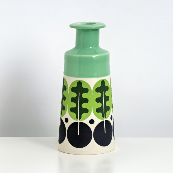 MapMap ceramic cone bottle vase with scandi-inspired stencil design in Mint and black