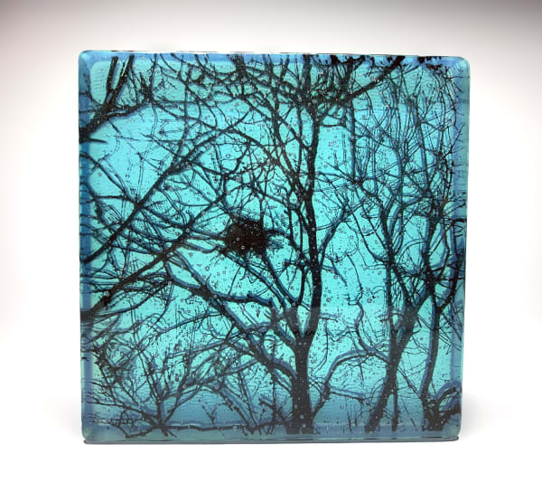 Helen Slater glass sculpture with a drawing of a nest in tree branches set in turquoise cast glass
