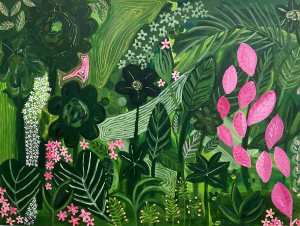 Nadia Koo semi-abstract painting of jungle like flora and fauna, with pink and green leaves intertwining across a landscape orientation