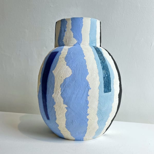 Eddie Knevett ceramic vessel designed with shaped in shades of blue