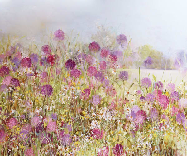 Fletcher Prentice painting of fuchsia alliums surrounded by a luscious green meadow and pale blue summer sky.