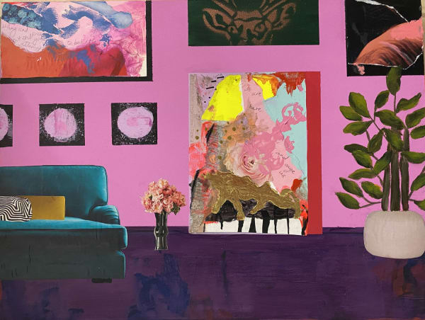 A view of an interior by Dawn Beckles with a deep purple floor in the foreground with a teal green sofa on the left placed along a bubble gum pink wall, large abstract artworks on display.