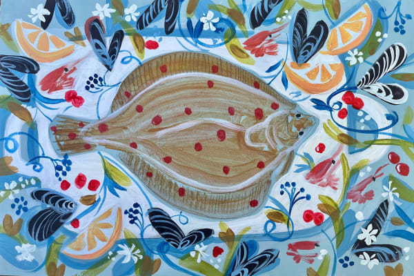 Marissa Weatherhead painting of a platter with a plaice on a blue and white ceramic plate, surrounded by lemons and other garnishes