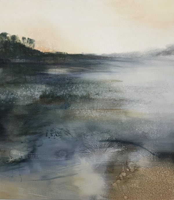 Amy Albright abstracted seascape in tones of brown, grey, blue and green with a headland in the background to the left.