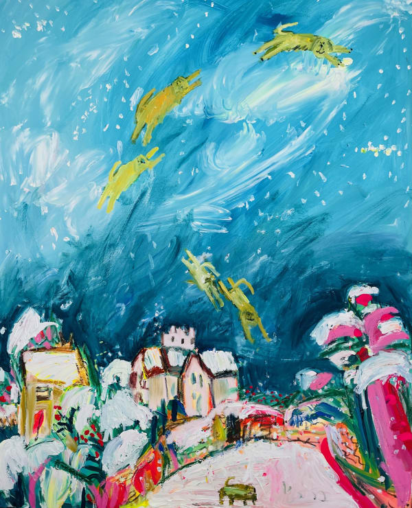 Emily Powell brightly coloured semi-abstract oil on canvas painting of 5 Labradors flying over Shipton-under-Wychwood