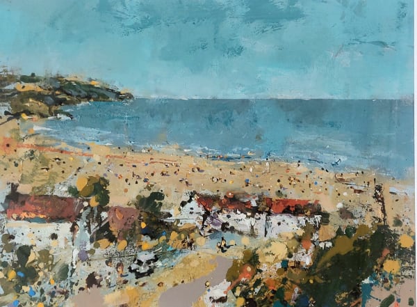 Andrew Hood painting abstracted view a beach and headland. The sea and sky are sparking azure blue, the people are relaxing on the beach, white buildings with terracotta rooves in the foreground on the path down to the sea.
