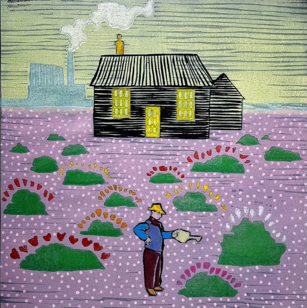 Mychael Barratt woodcut, a man stands in a stylised purple garden, watering can in hand with a small black house in the background