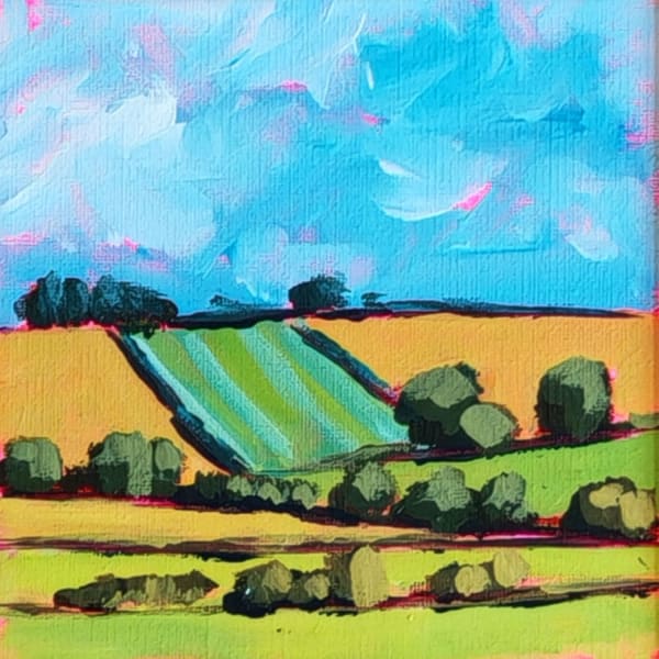 Belinda Millar small scale ladnscape painting of The Cotswolds, Oxfordshire, painted in colours greens, pinks and golds