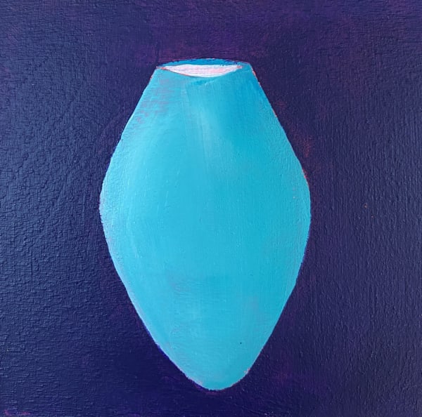 A tiny painting by Dawn Beckles of a turquoise oval shaped vase against a navy blue background.