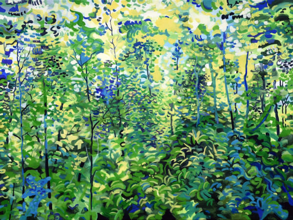 Jim Whitty painting, a woodland in full sun at mid-summer, verdant greens and blues and yellows fill the canvas