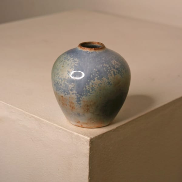 Atilla Olah ceramic mini vase in a variety of blue, green, grey and copper glaze colours