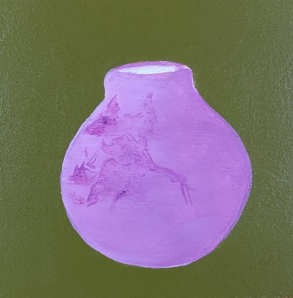 A tiny painting by Dawn Beckles of a round pot in lavender pink against an olive green background.