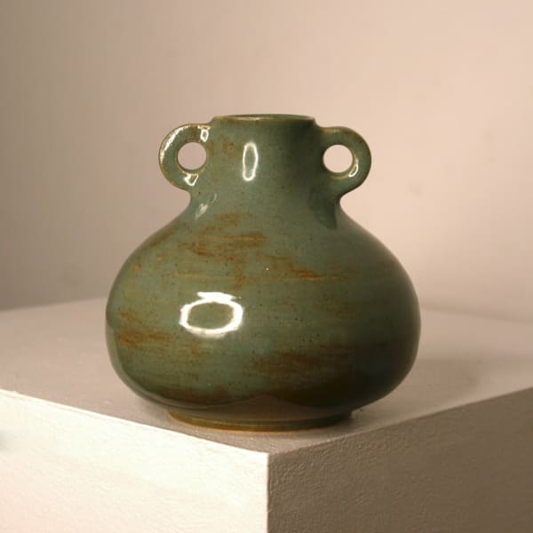 Lucy Physick stoneware ceramic tear drop shaped vase in a sage glaze