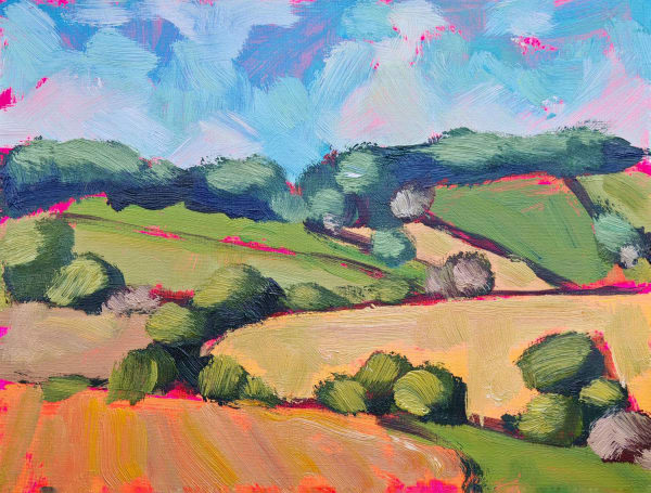 Belinda Millar expressive ladnscape of green rolling hills with trees on a sunny day with a neon pink under colour