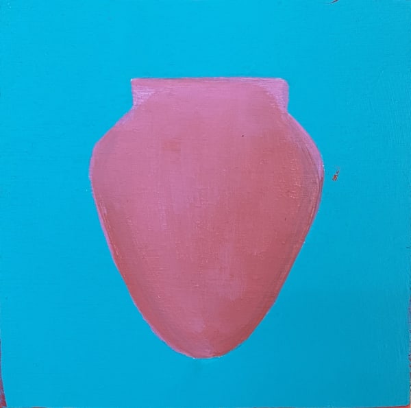 A tiny painting by Dawn Beckles of an urn shaped pot in pink against a sky blue background.