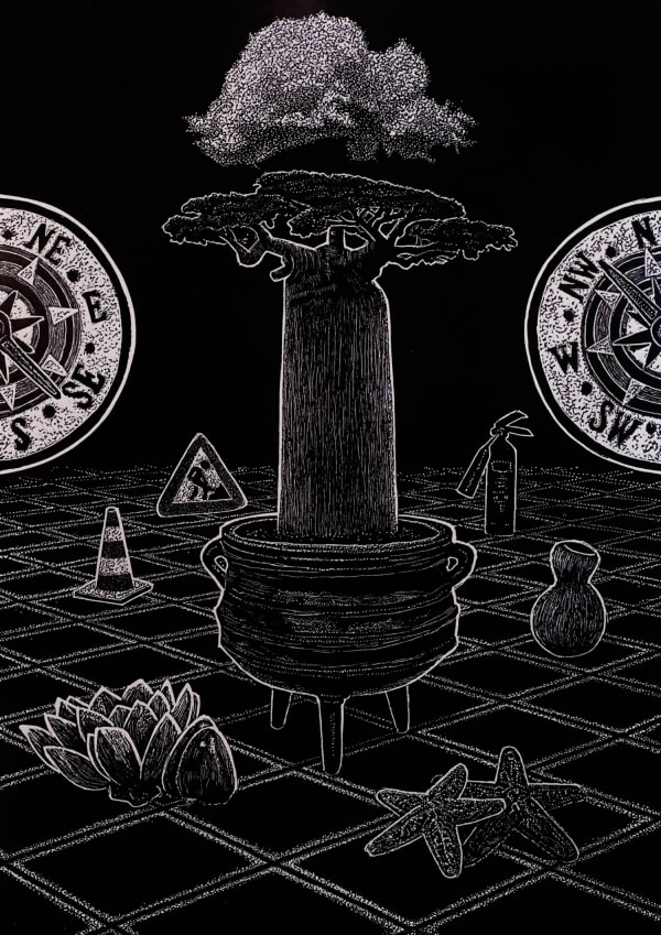 Ade Adesina linocut print of a tree in a planter, surrounded by a lotus flower, a star fish, two compass halves on a tiled floor