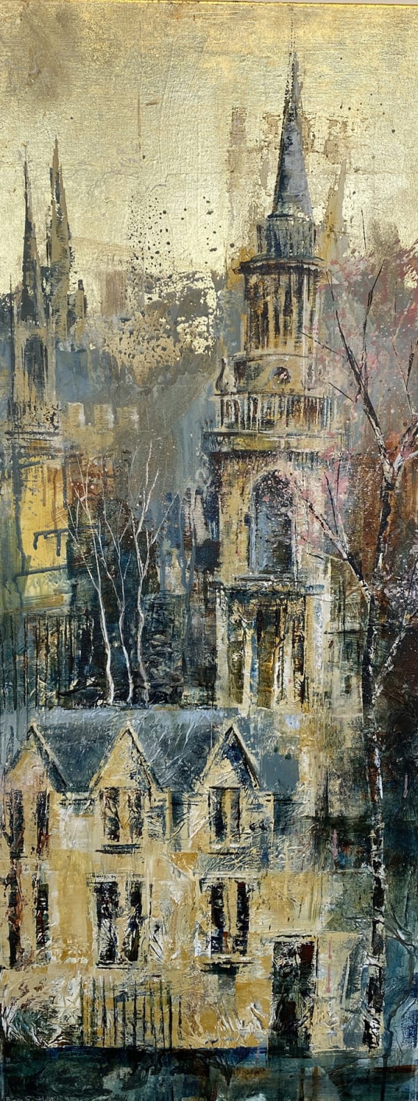 Bee Bartlett view of Oxford spires in warm shades of brown against a gold background and a flowering tree in the foreground.