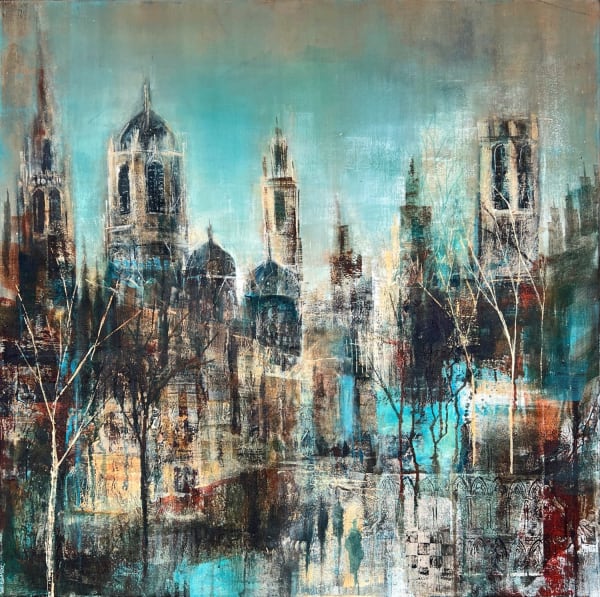 Bee Bartlett mixed media on canvas semi-abstract landscape of Oxford colleges, and figures seen walking amongst the buildings