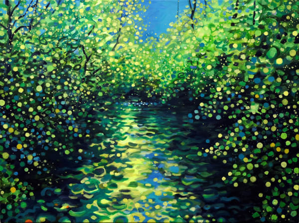 Jim Whitty painting a stream winds it way through a woodland in the height of summer, the leaves are bright green, highlighted by the bright sunlight