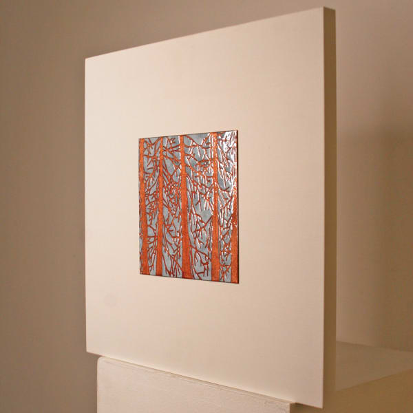 Janine Partington large wooden panel with copper and enamel plate in the centre showing imagery of winter tree branches