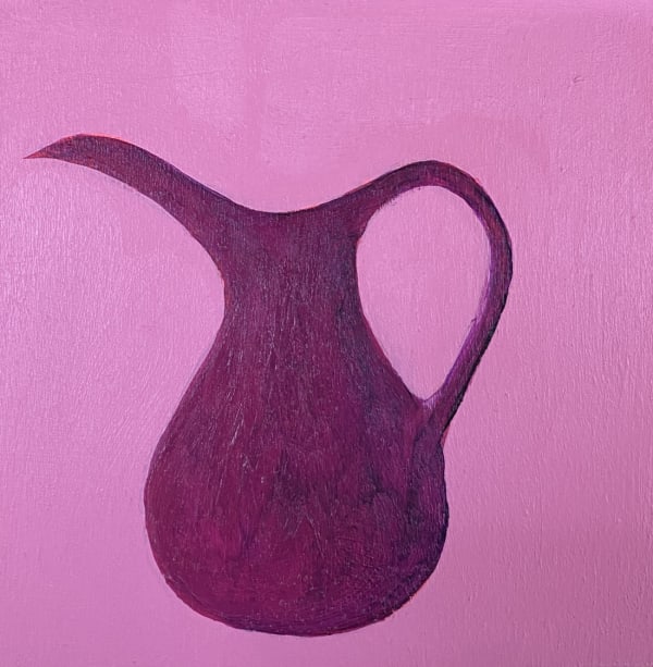 A tiny painting by Dawn Beckles of a deep purple jug with a long spout against a pink background.
