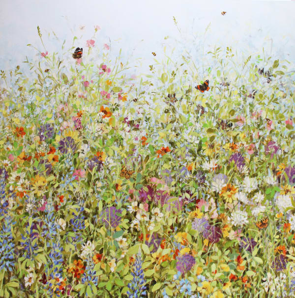 Fletcher Prentice painting of a floral garden border with delicately fluttering butterflies throughout and a pale blue sky