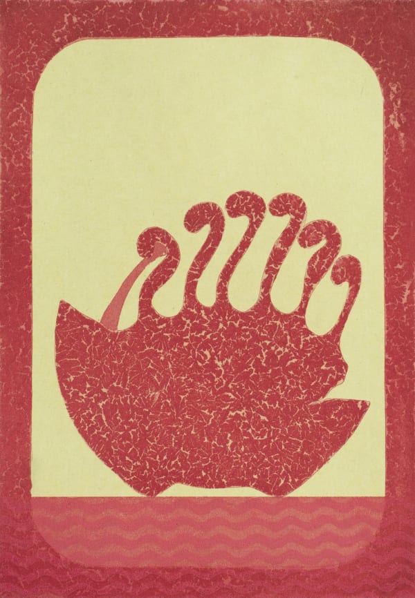 Claire Willberg print as part of her pink shelf series, a silhouette of an unknown object is shown displayed in pink on a shelf.