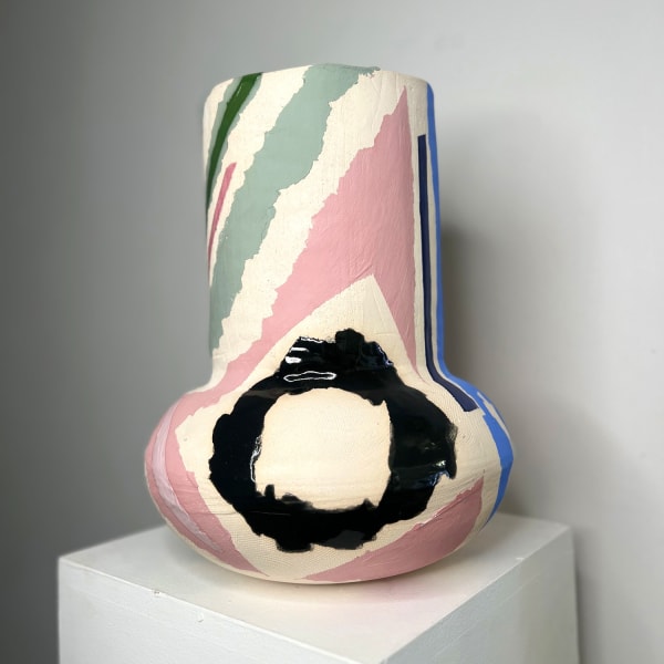 Eddie Knevett ceramic vessel designed with shaped in colours sage green, pink and black
