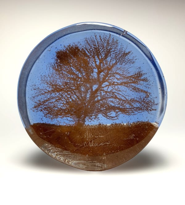 Helen Slater glass sculpture a sepia drawing of an oak tree set in blue glass