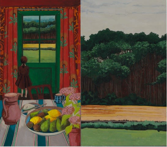 A painting in two halves of a girl looking out of a window on the left with a table in the foreground. On the right is a view of a dark forest similar to the one visible through the window.