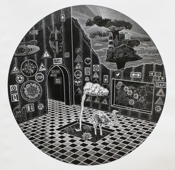 Ade Adesina circular print in black and white of a central image of an emu standing in a room with different road signs covering the walls.