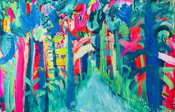 Emily Powell brightly coloured semi-abstract oil on canvas painting of a forest with a path.